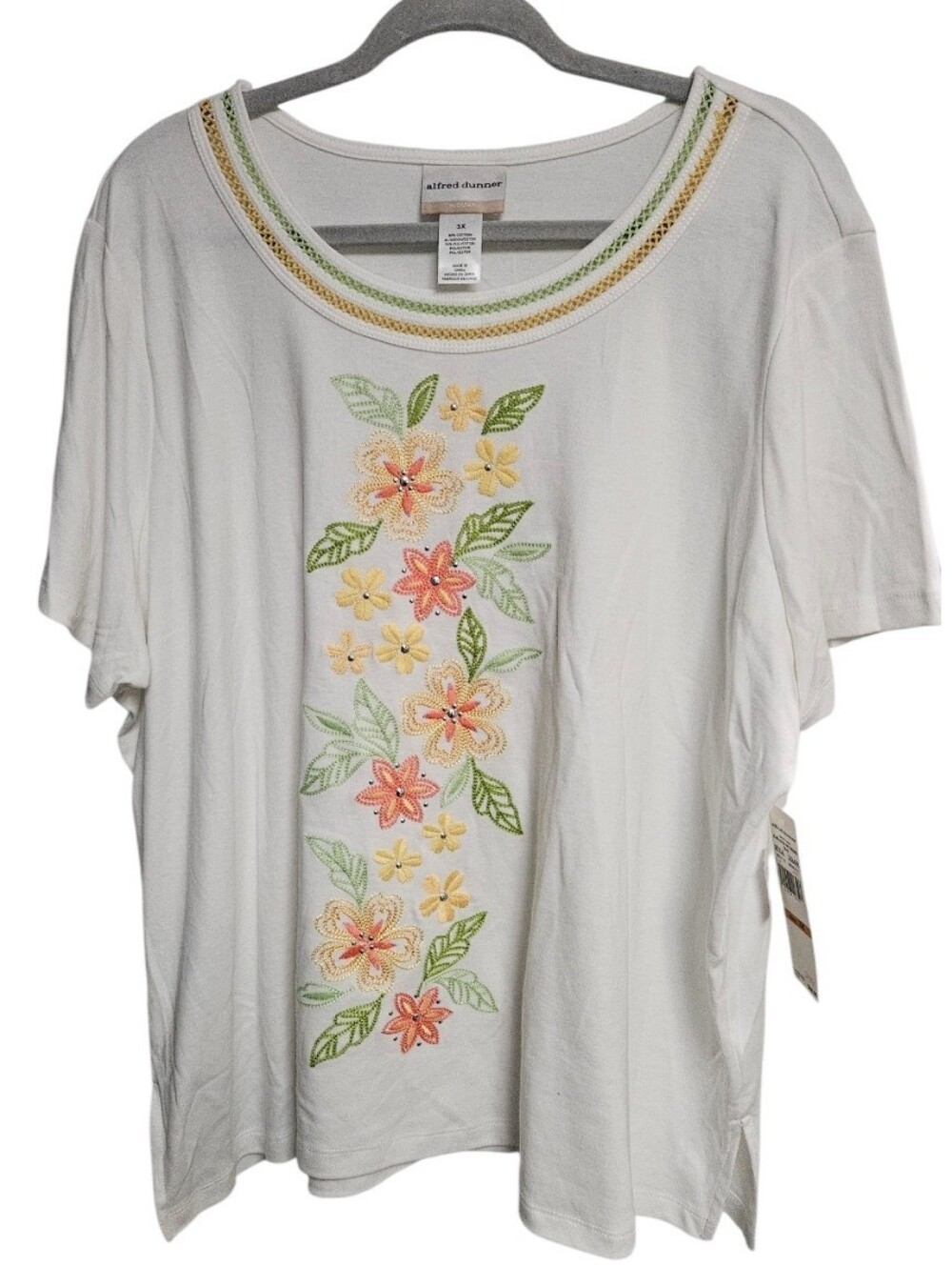 Alfred Dunner White Short Sleeve Tee with Pastel Floral Embroidery